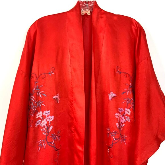 Vintage 50s - 60s Silk Layered Red Embroidered Kimono Robe Sz M - Picture 4 of 16